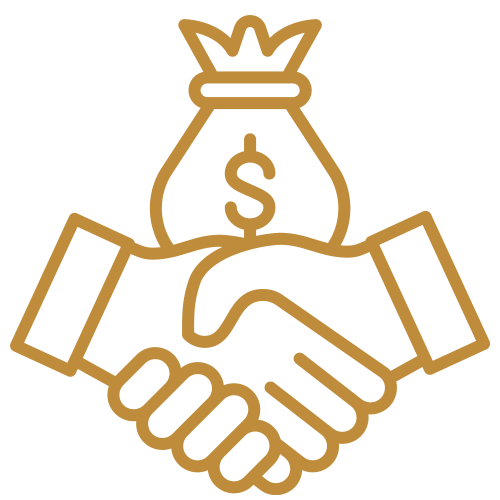 Two hands shaking with a money bag featuring a dollar sign above them, symbolizing a financial agreement.