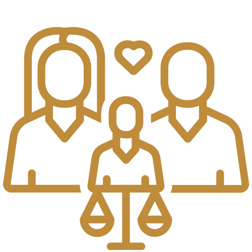 Outline of two adults and a child with a heart and scales, symbolizing family and justice or equality.