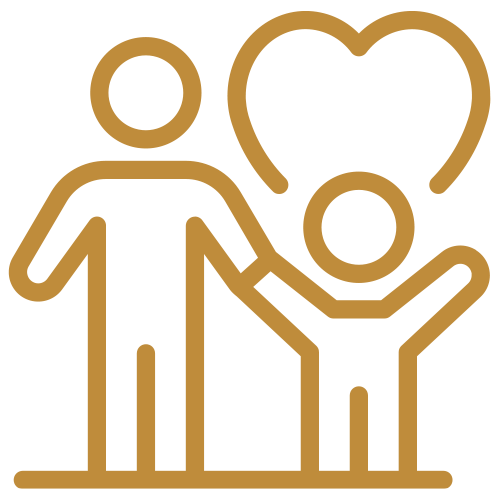 Two simple figures, one adult and one child, with a heart shape above them, symbolizing care and love.