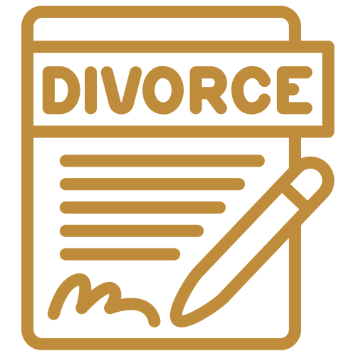 Icon of a divorce document with a pen and a signature at the bottom.