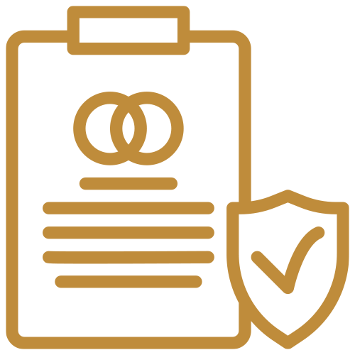 Gold clipboard with overlapping circles, lines of text, and a shield with a checkmark in front.