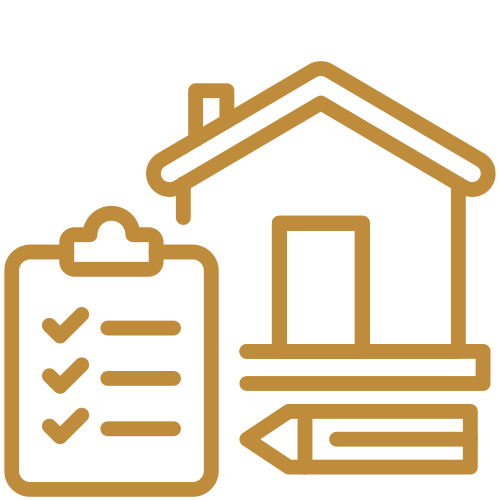 Outlined icon of a house with a checklist and pencil, representing home inspection or assessment.