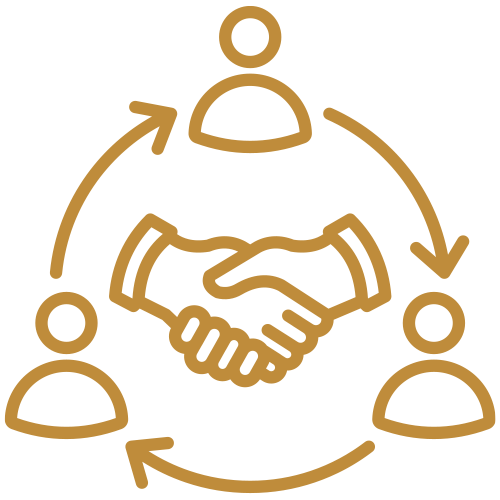 Three outlined figures connected by arrows around a handshake, symbolizing teamwork or collaboration.