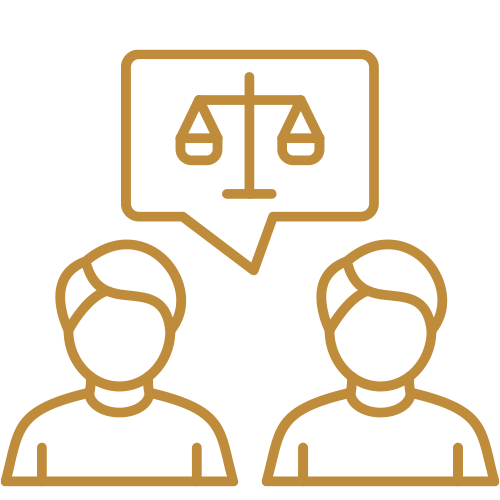 Two people discussing justice or fairness, represented by a balance scale in a speech bubble above them.